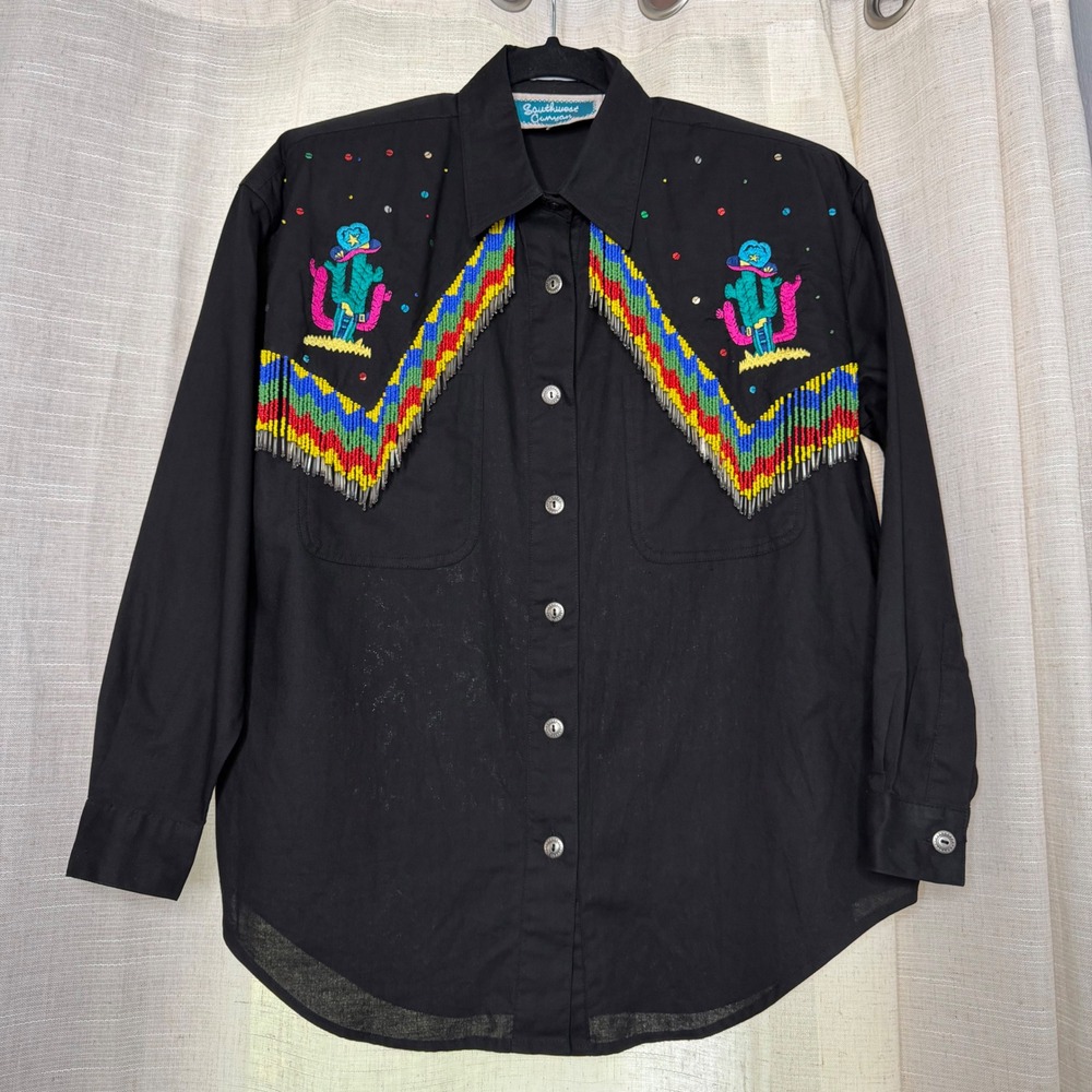 Vintage Southwest Canyon Western Shirt Embroidered Beaded Fringe Cactus SMALL